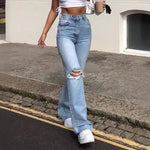 Broken hole slim fit flared jeans for women