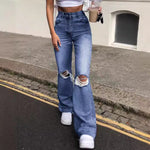 Broken hole slim fit flared jeans for women