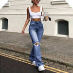 Broken hole slim fit flared jeans for women